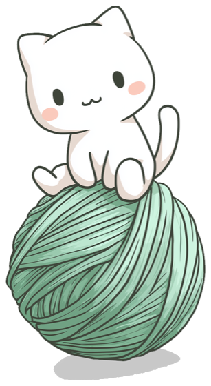 Kit the cat mascot sitting on a mint ball of yarn