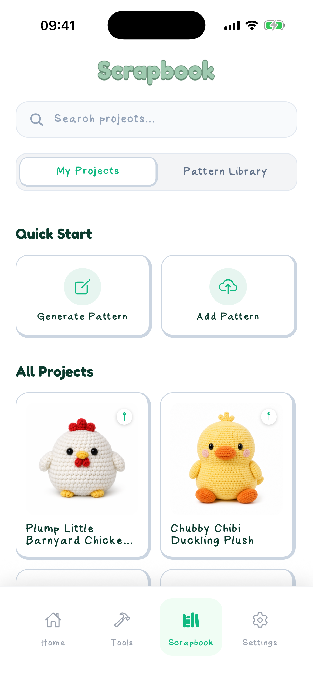 StitchKit scrapbook screen with saved chicken and duckling projects