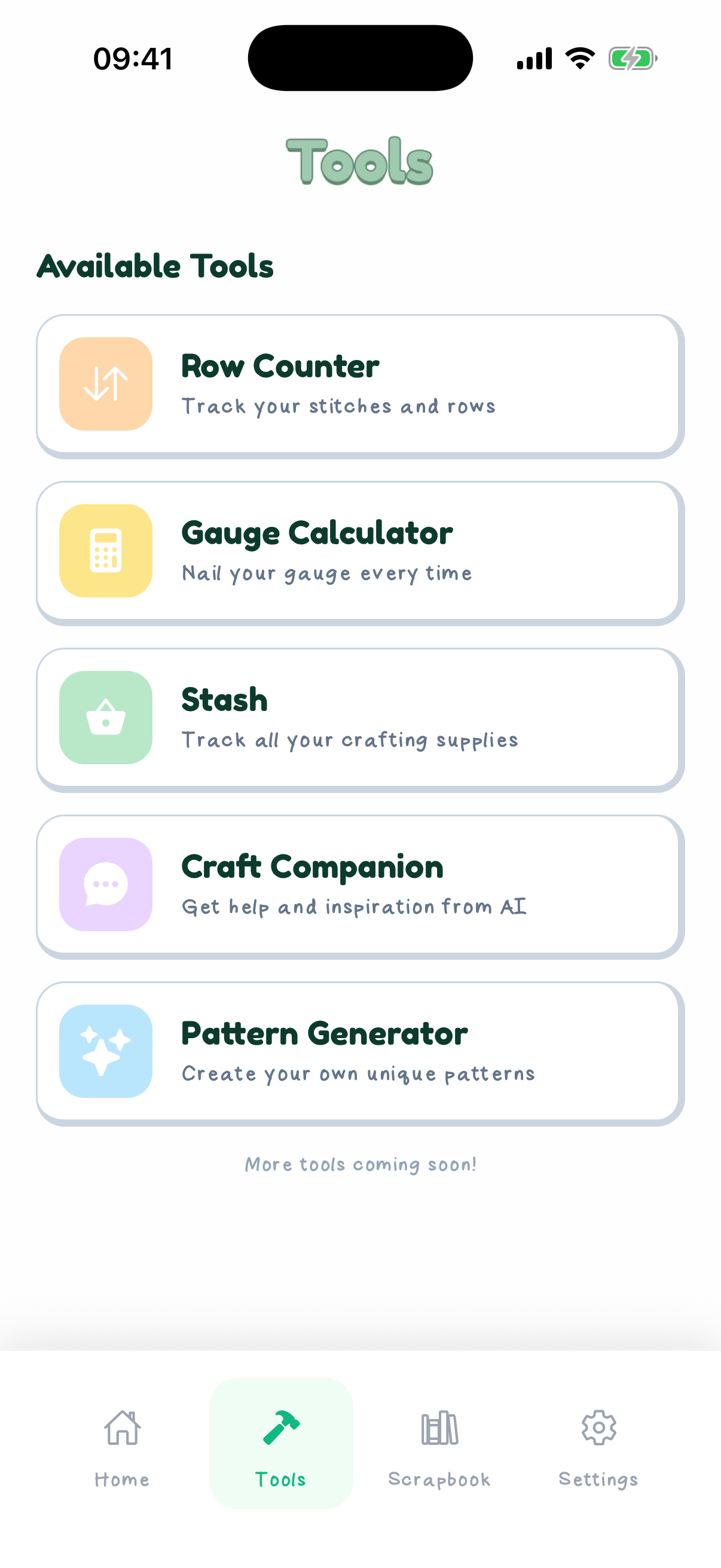 StitchKit tools screen listing row counter, gauge calculator, stash, craft companion and pattern generator